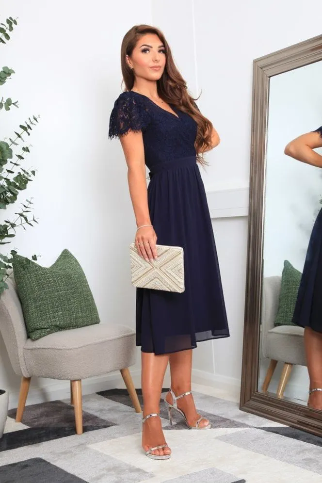 Double Second Lace Wrap Front Midi Dress - Navy