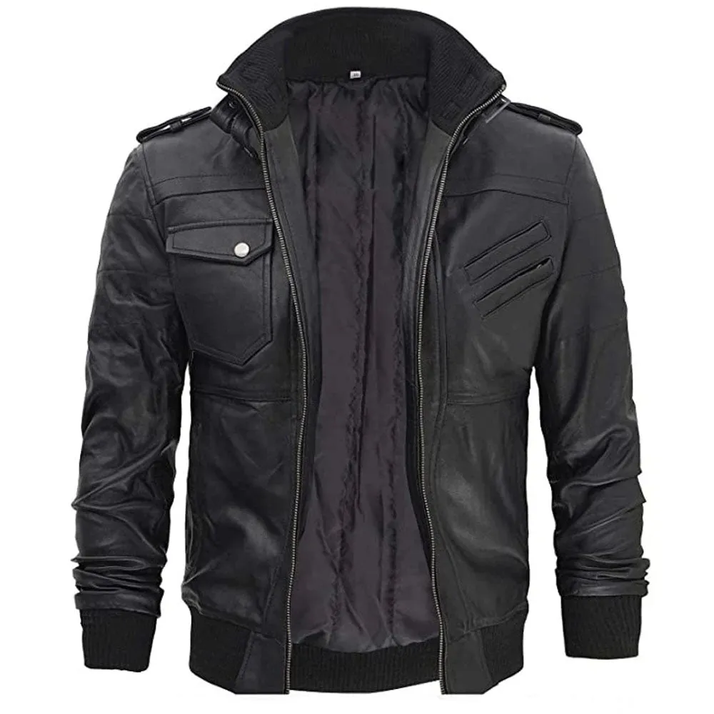 Double Zip Detachable Hood Style Black Biker Leather Jacket Mens