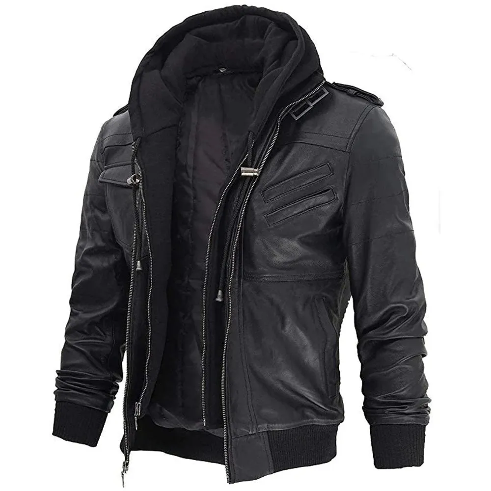 Double Zip Detachable Hood Style Black Biker Leather Jacket Mens