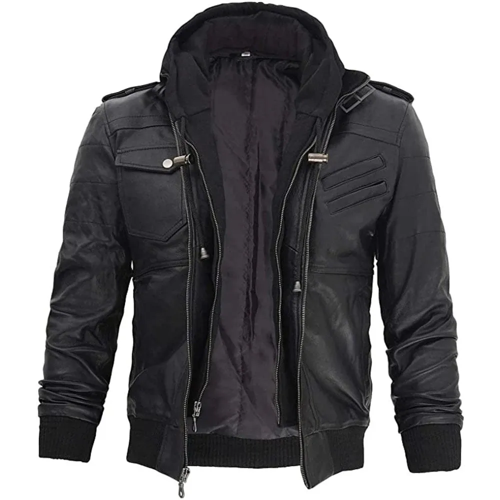 Double Zip Detachable Hood Style Black Biker Leather Jacket Mens