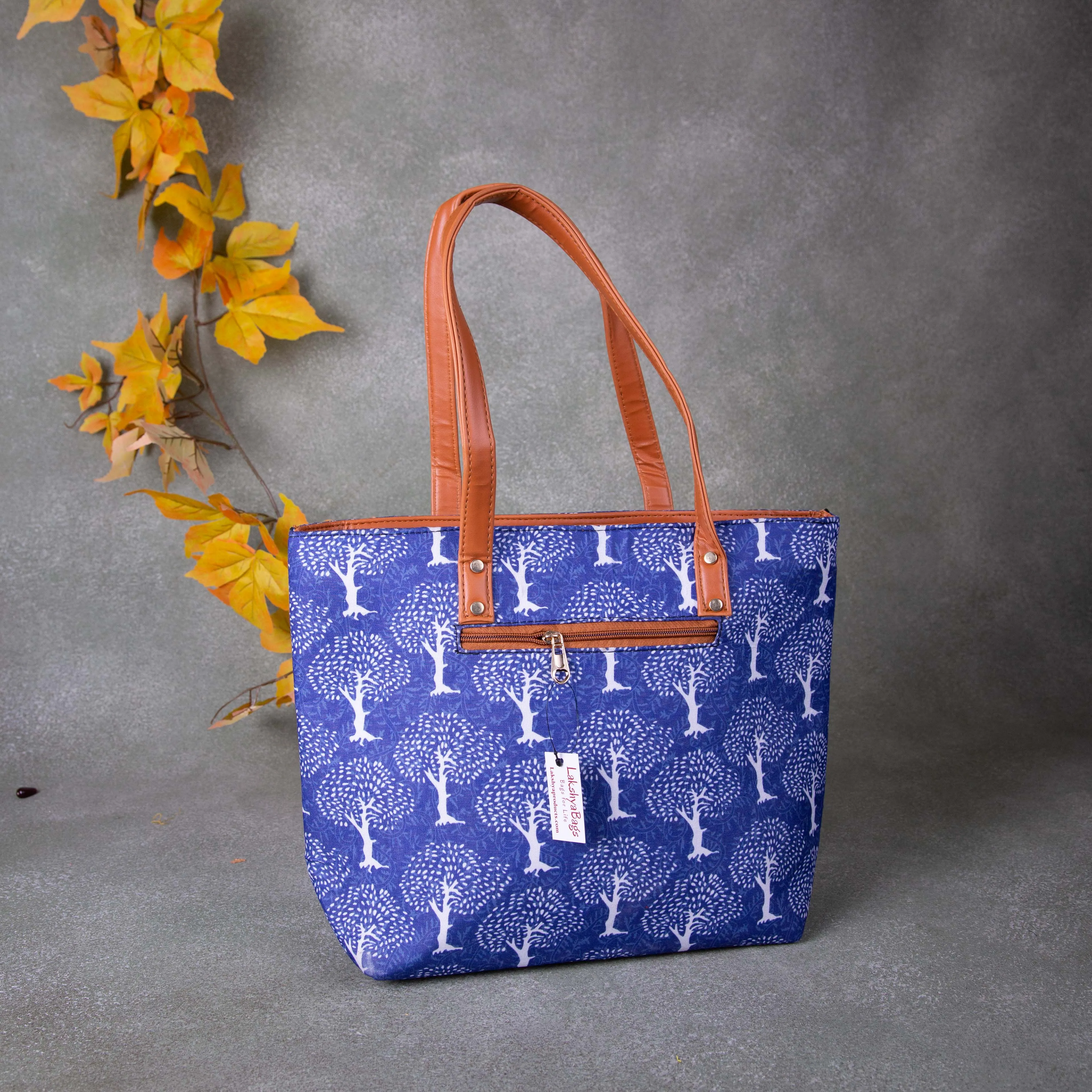 Double Zippered Tote Blue Colour with White Tree Design.