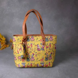 Double Zippered Tote Yellow Colour with Kalamkari Design.