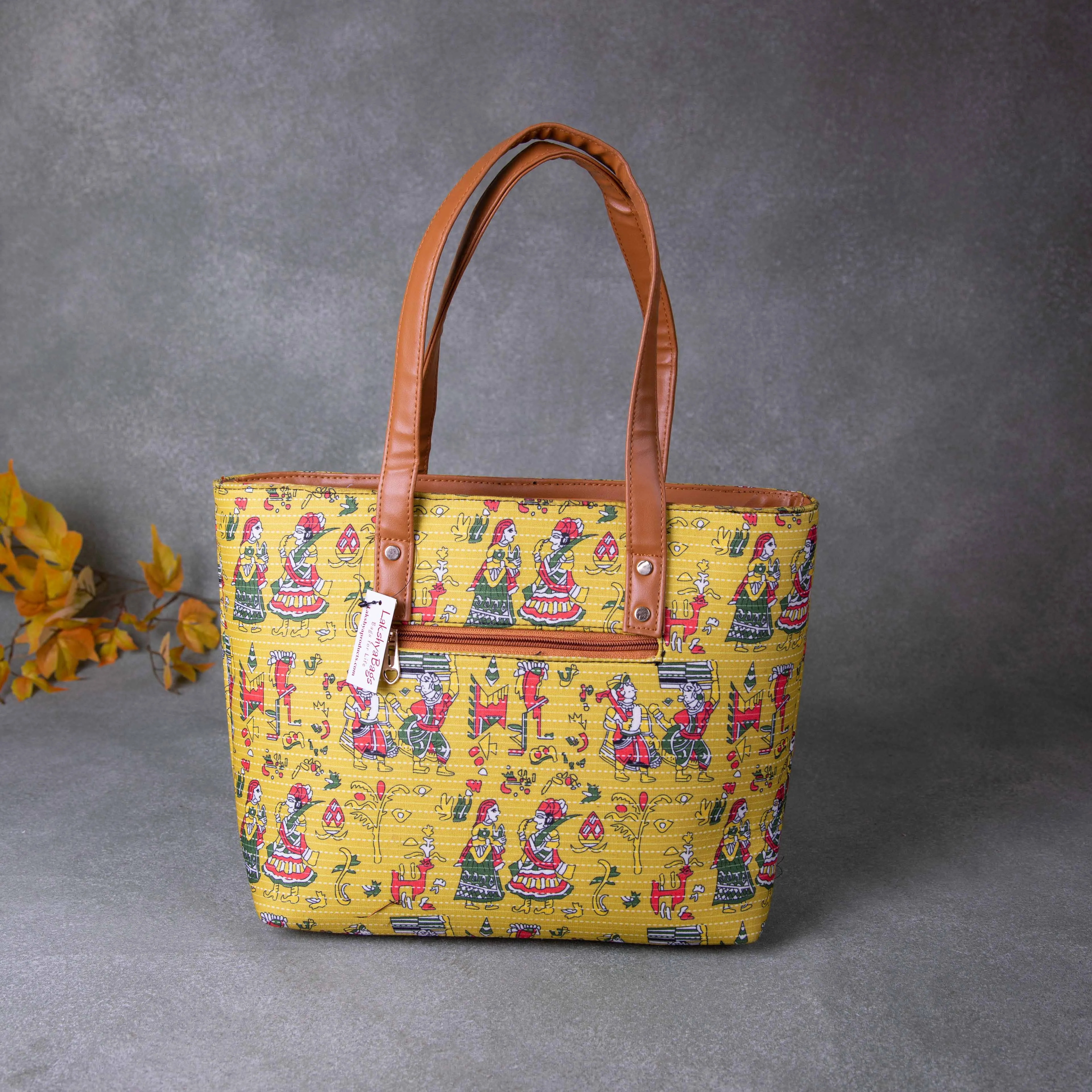 Double Zippered Tote Yellow Colour with Kalamkari Design.