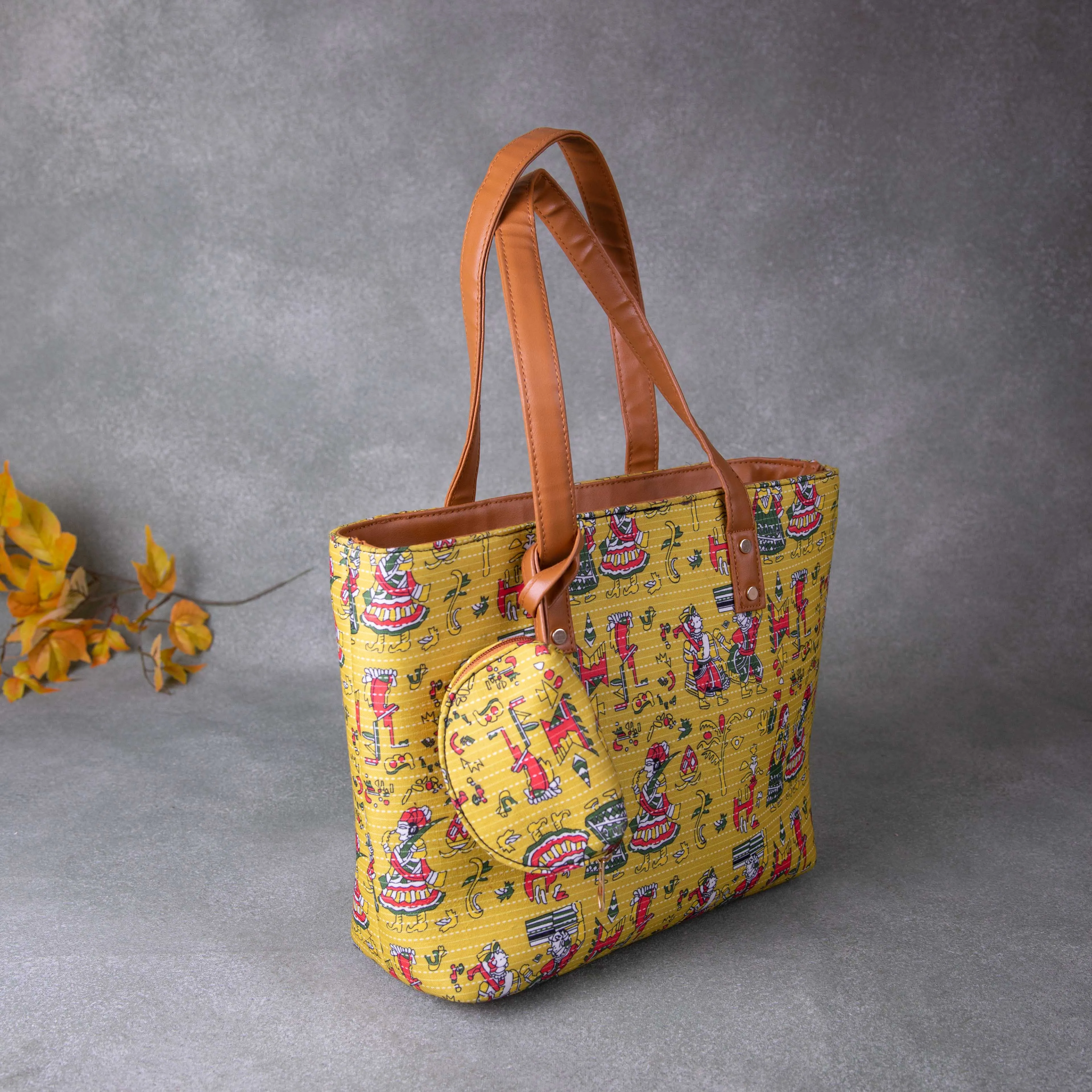 Double Zippered Tote Yellow Colour with Kalamkari Design.