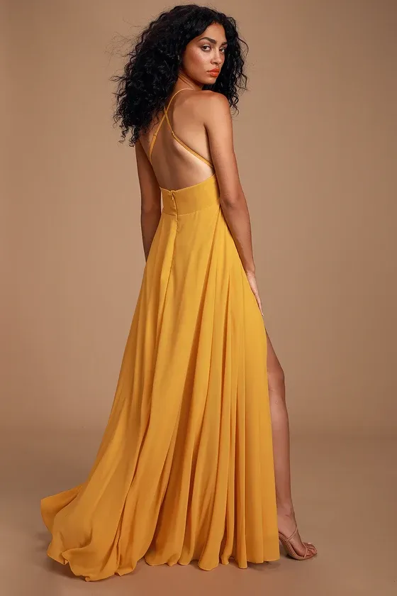 Dreamy Romance Mustard Yellow Backless Maxi Dress