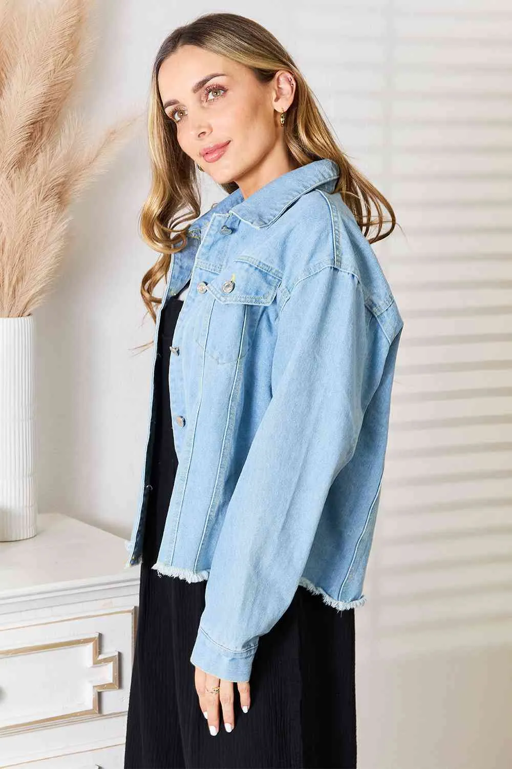 Dropped Shoulder Raw Hem Denim Jacket