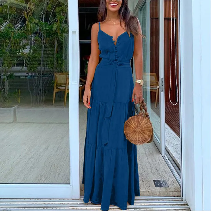 Dunnmall Summer Vibes Tie Waist Maxi Dress