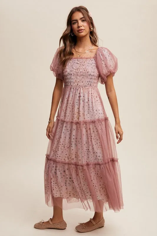 Dusty Rose Floral Print And Mesh Puff Sleeve Maxi Dress