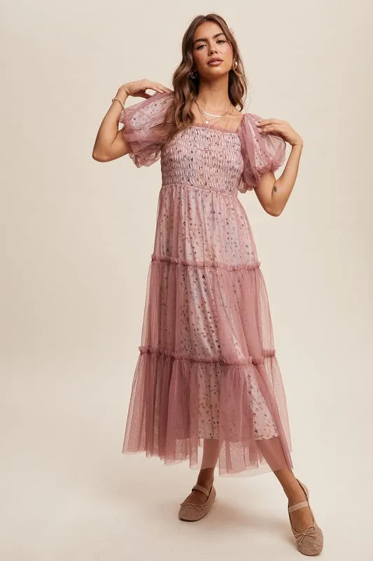 Dusty Rose Floral Print And Mesh Puff Sleeve Maxi Dress