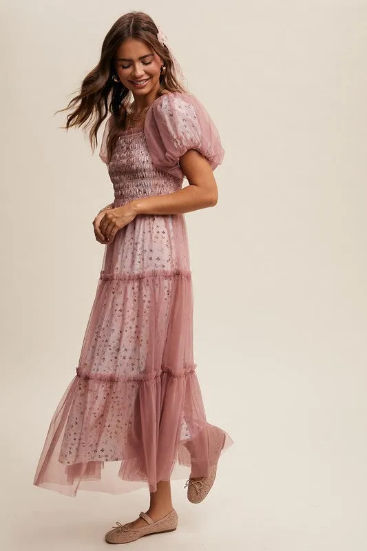 Dusty Rose Floral Print And Mesh Puff Sleeve Maxi Dress