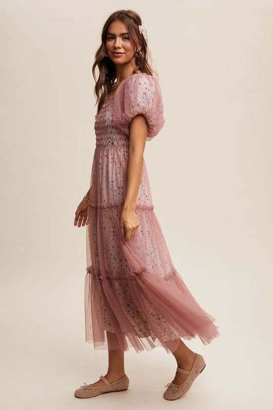 Dusty Rose Floral Print And Mesh Puff Sleeve Maxi Dress