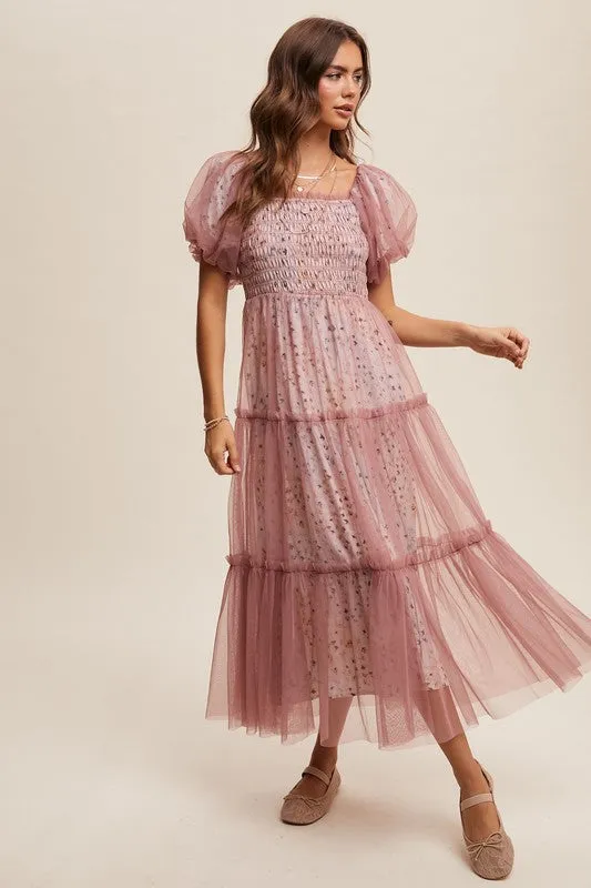 Dusty Rose Floral Print And Mesh Puff Sleeve Maxi Dress