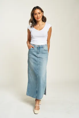 Dylan Maxi Skirt Mid Rise Light Indigo Worn