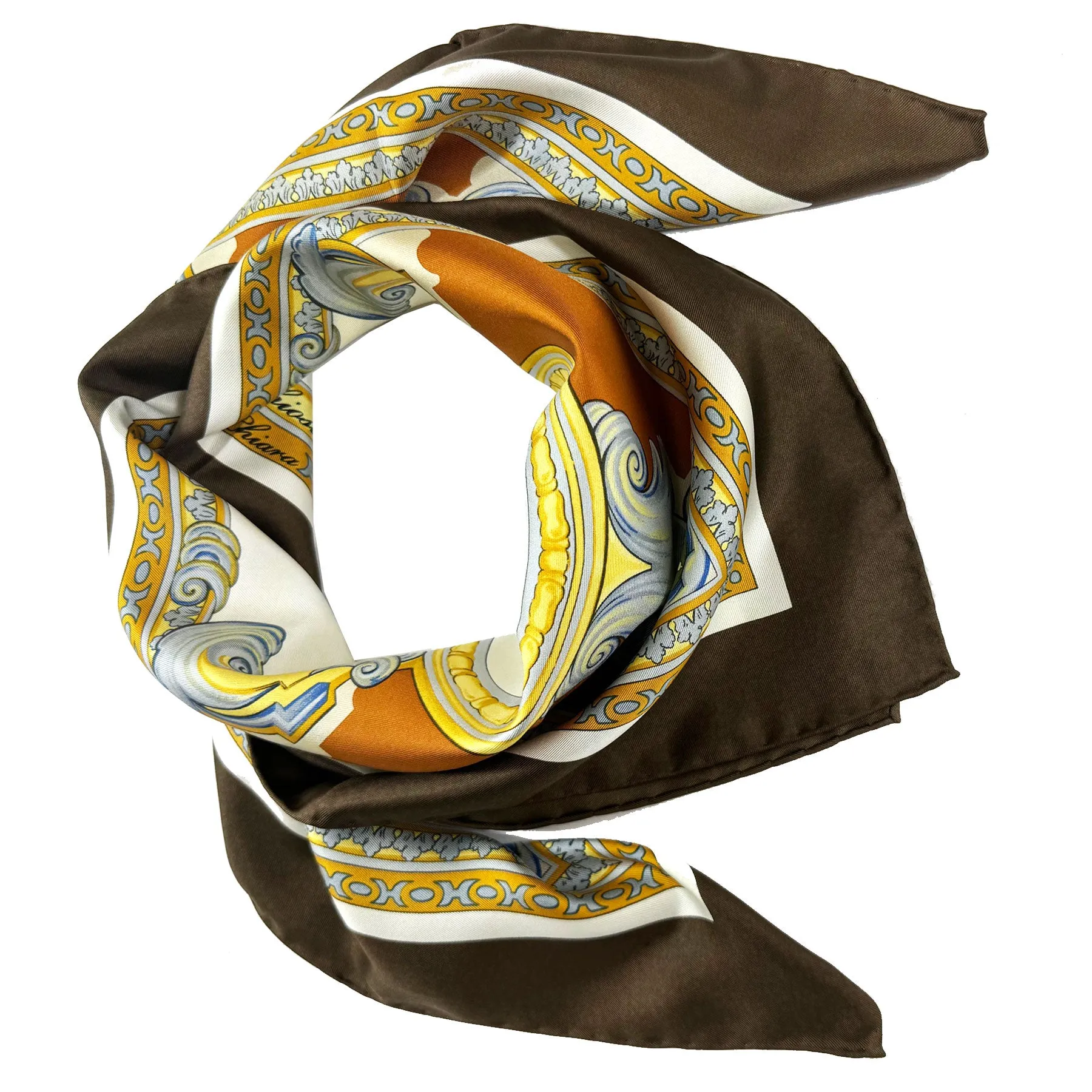 E. Marinella Scarf Brown Il Chiostro Design - Twill Silk Square Foulard SALE