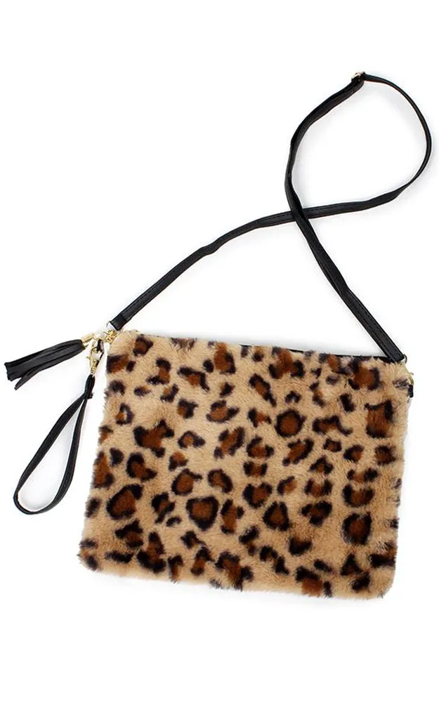 EAB9564 Taupe Leopard Fur Crossbody Clutch Bag