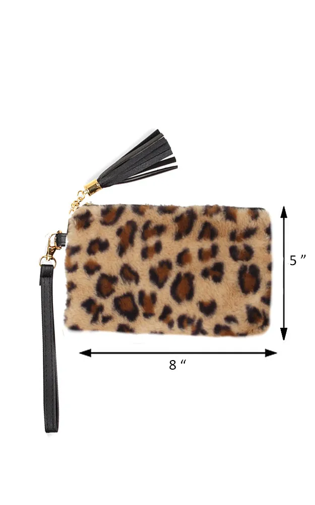 EAB9564 Taupe Leopard Fur Crossbody Clutch Bag