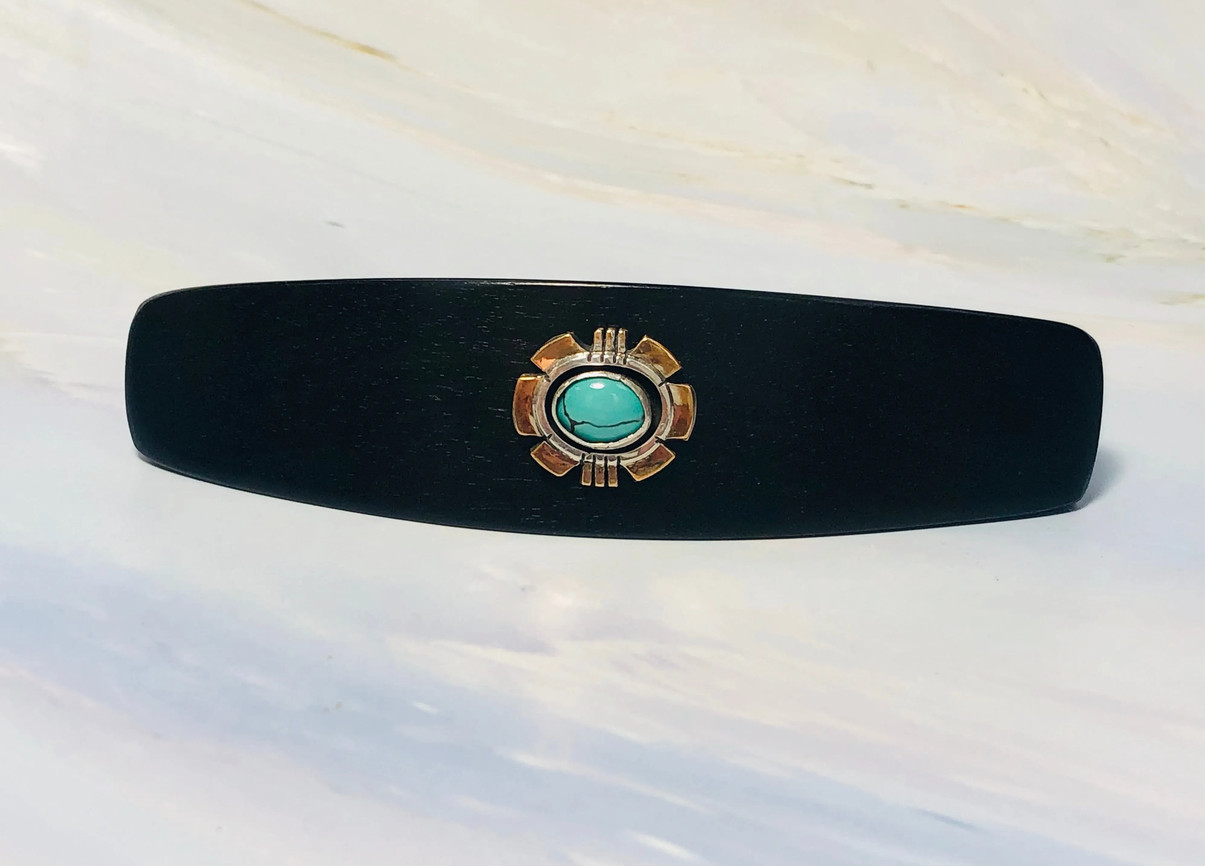 Ebony 14k gold Turquoise barrette, Ebony Gemstone Barrette