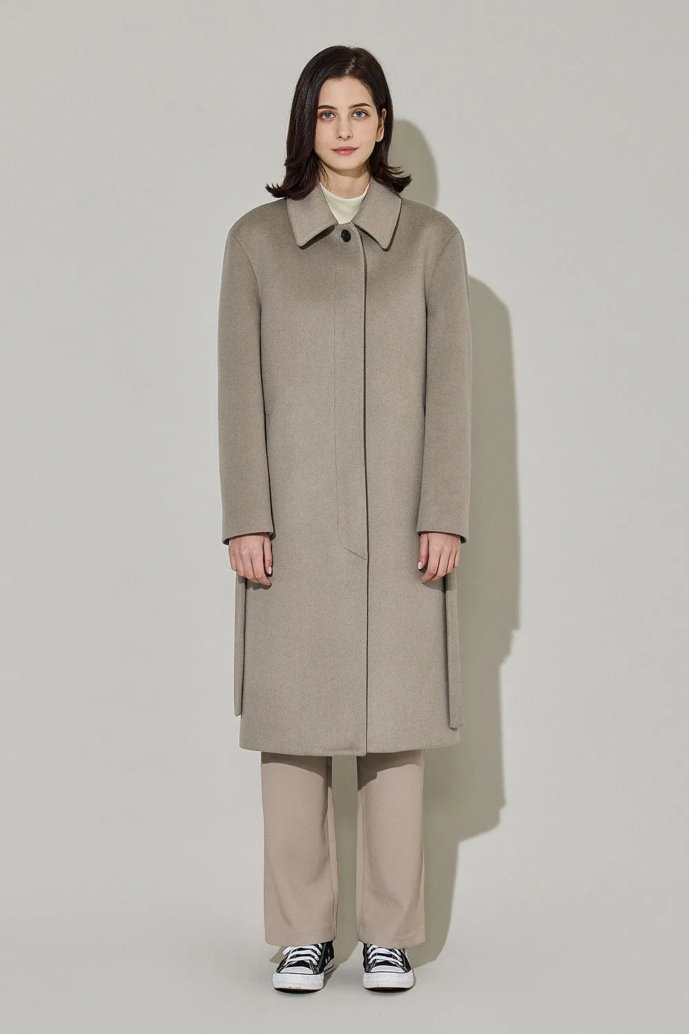 EDUARDO Women Belted Wool-Cashmere Single-Breasted Mac Balmacaan Long Coat.