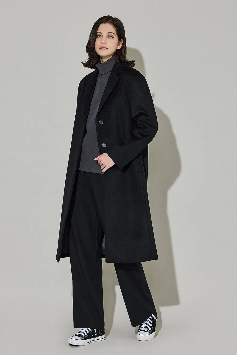 Eduardo Women Wool Coat Single-Breasted Chesterfield Long Overcoat.