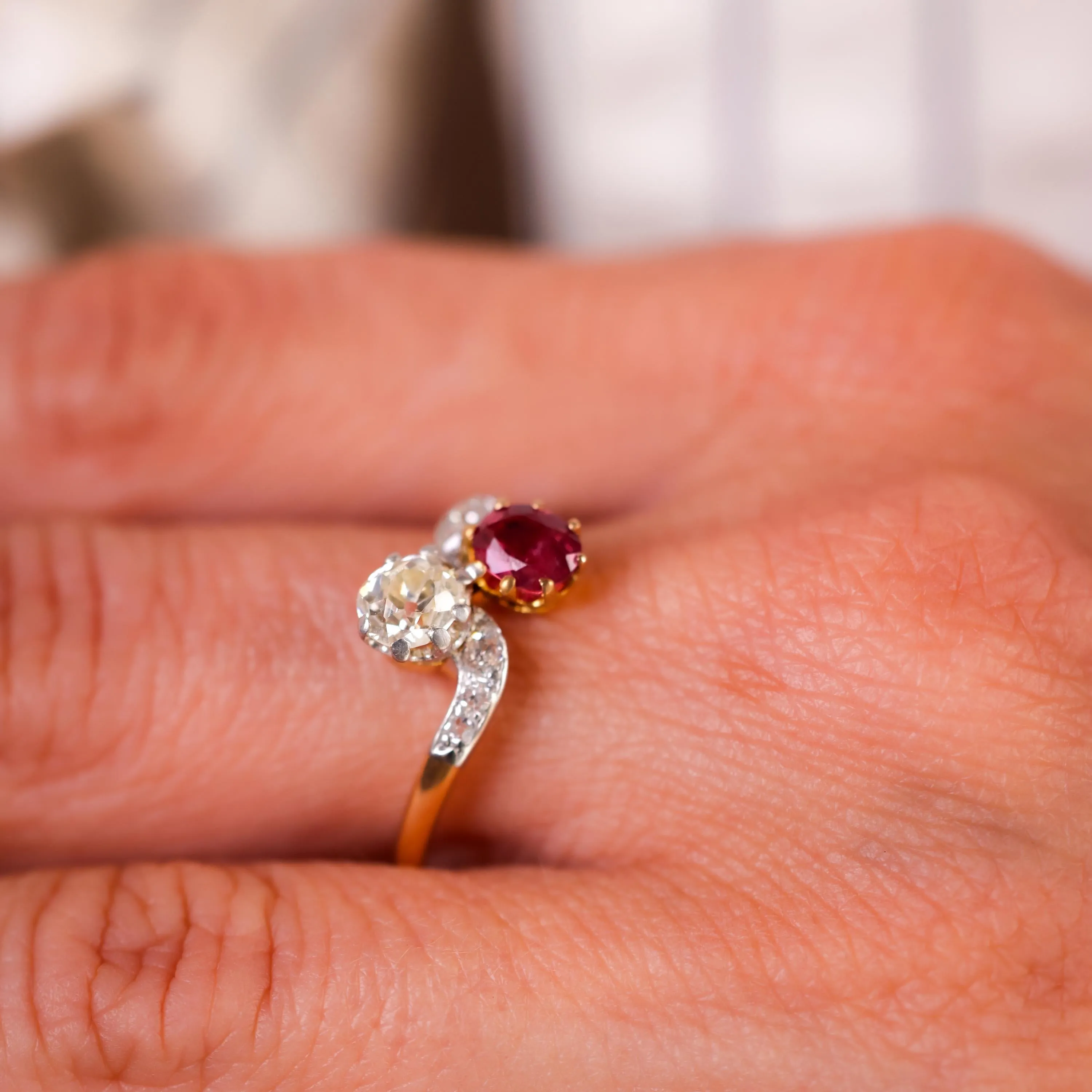 Edwardian Diamond Ruby 18K Yellow Gold Toi Et Moi Ring