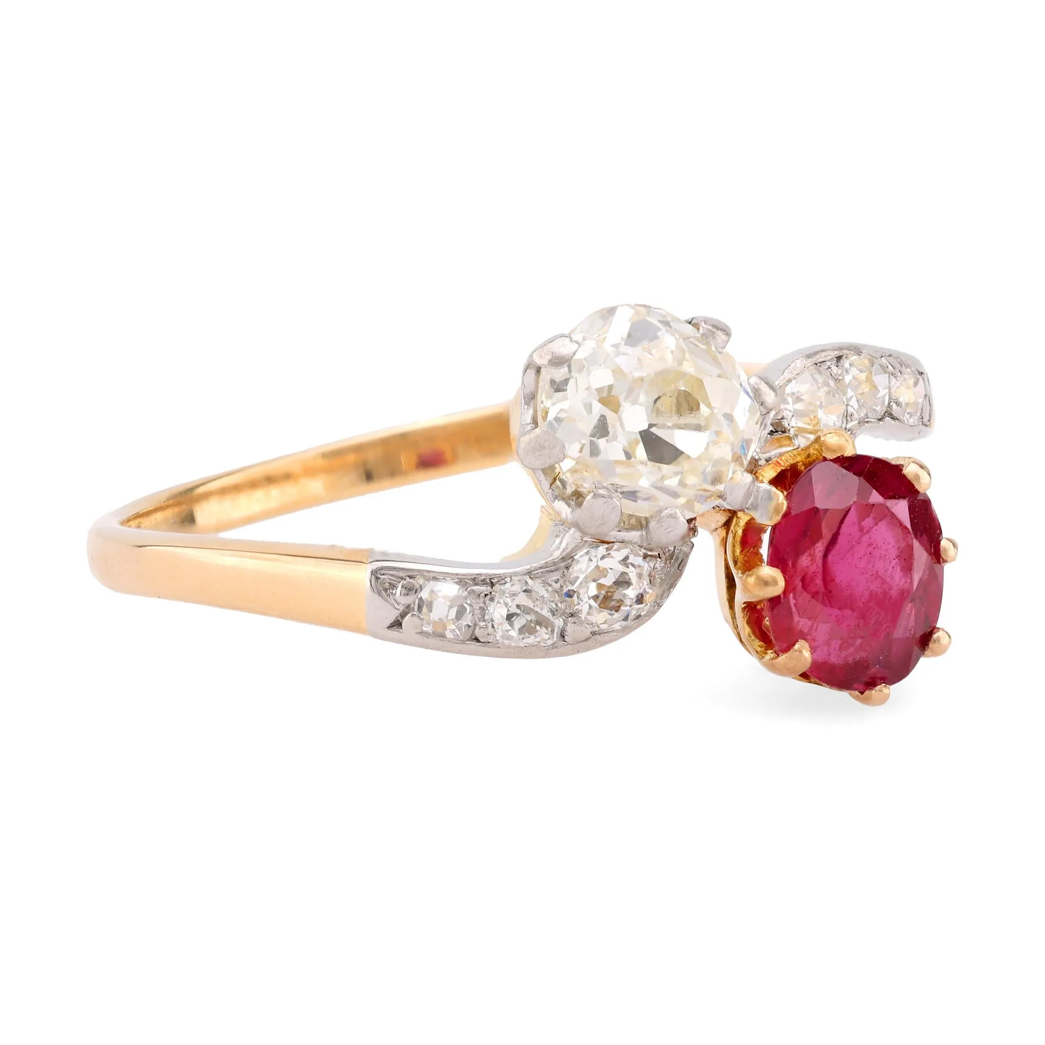 Edwardian Diamond Ruby 18K Yellow Gold Toi Et Moi Ring