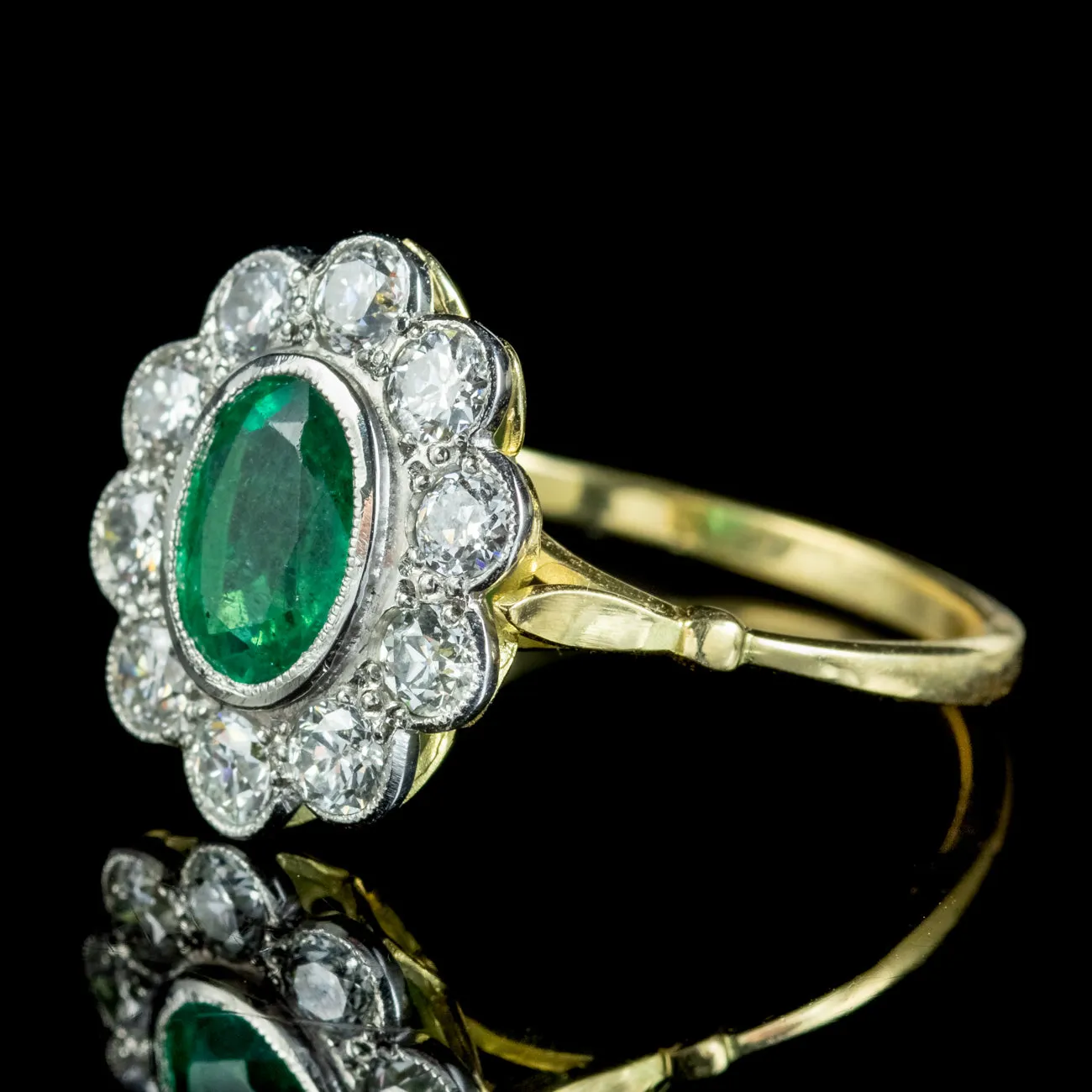 Edwardian Style Emerald Diamond Daisy Cluster Ring 1.2ct Emerald