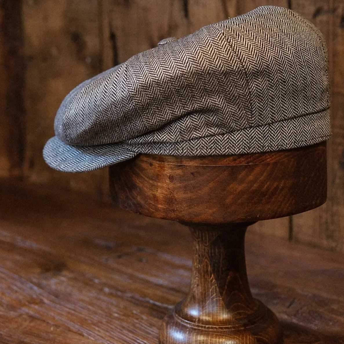 Eight Piece Grey Herringbone Linen Newsboy Cap