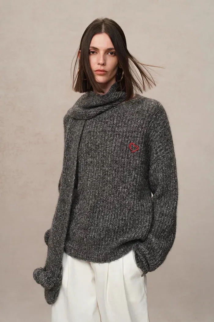 Eira Turtleneck Sweater with Scarf in Heathered Chunky Merino Wool Knit