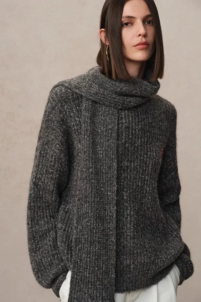 Eira Turtleneck Sweater with Scarf in Heathered Chunky Merino Wool Knit