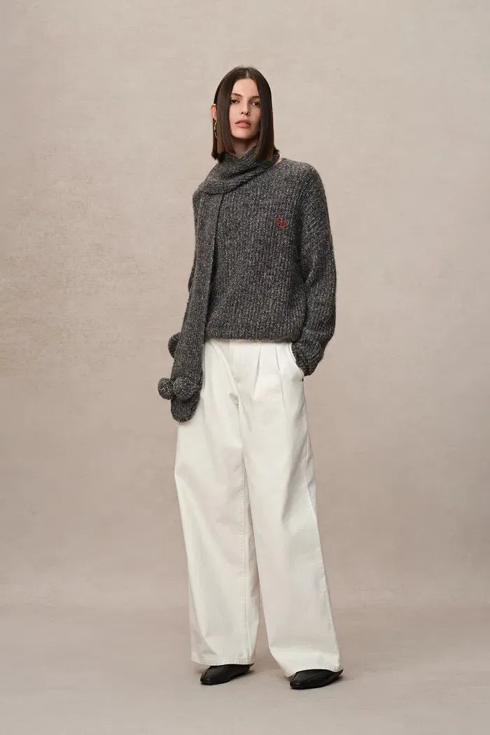 Eira Turtleneck Sweater with Scarf in Heathered Chunky Merino Wool Knit