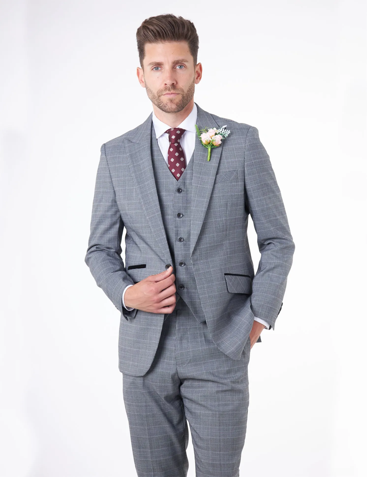 EKON - Grey Prince of Wales Check Suit 3 Piece Tailored Fit