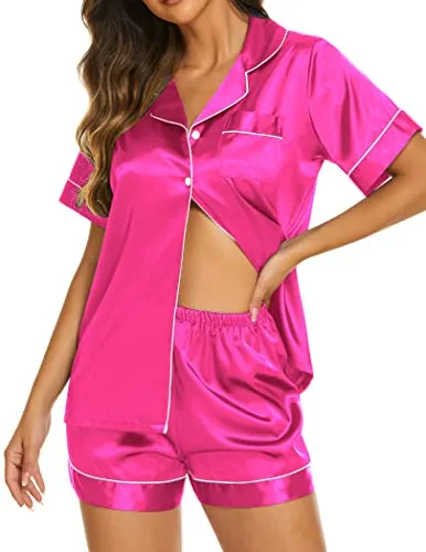 Ekouaer Silk Pjs Set Women's Comfy Button Up Pajamas Short Sleeve Sleeping Wear 2 Piece Lounge Shorts Set Champagne,S