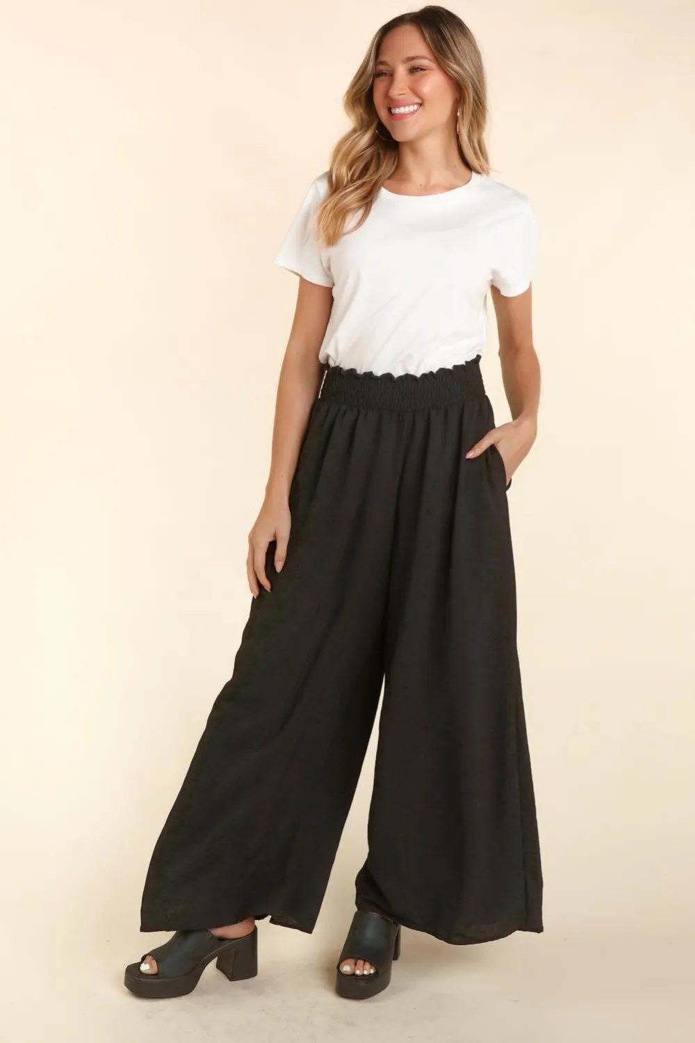 Elastic Waist Wide Leg Pants with Pockets