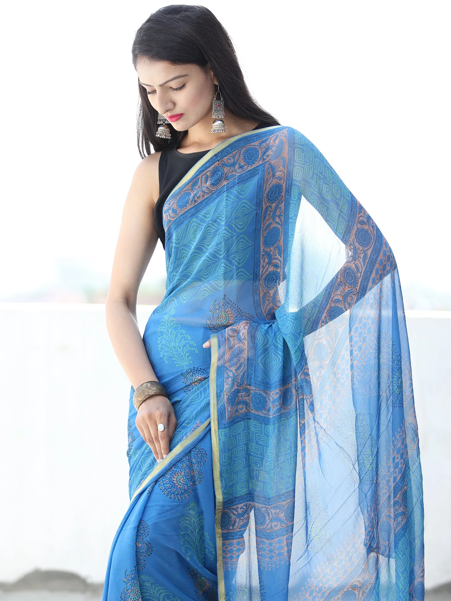 Electric Blue Coral Hand Block Printed Chiffon Saree with Zari Border - S031703920