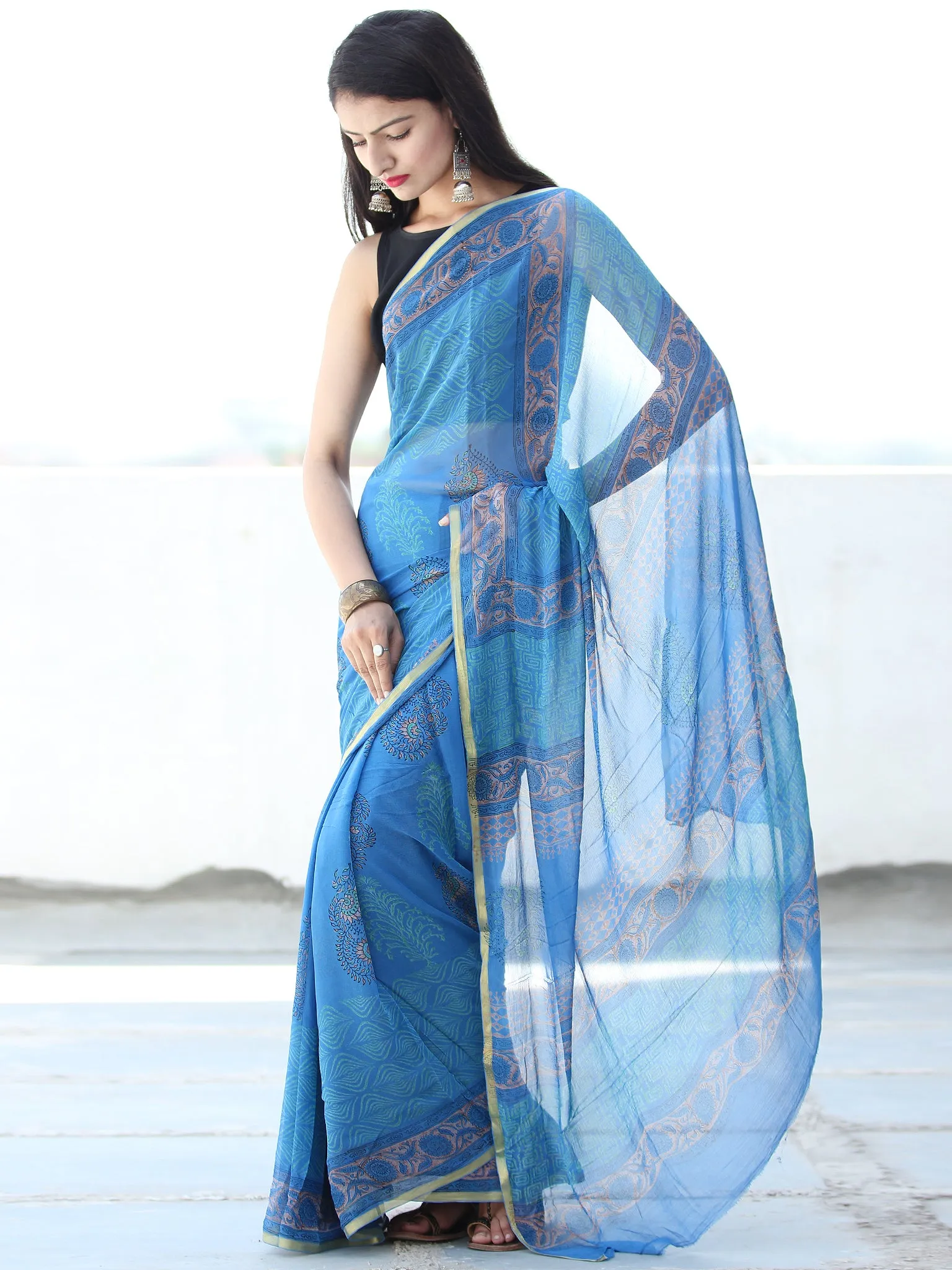 Electric Blue Coral Hand Block Printed Chiffon Saree with Zari Border - S031703920