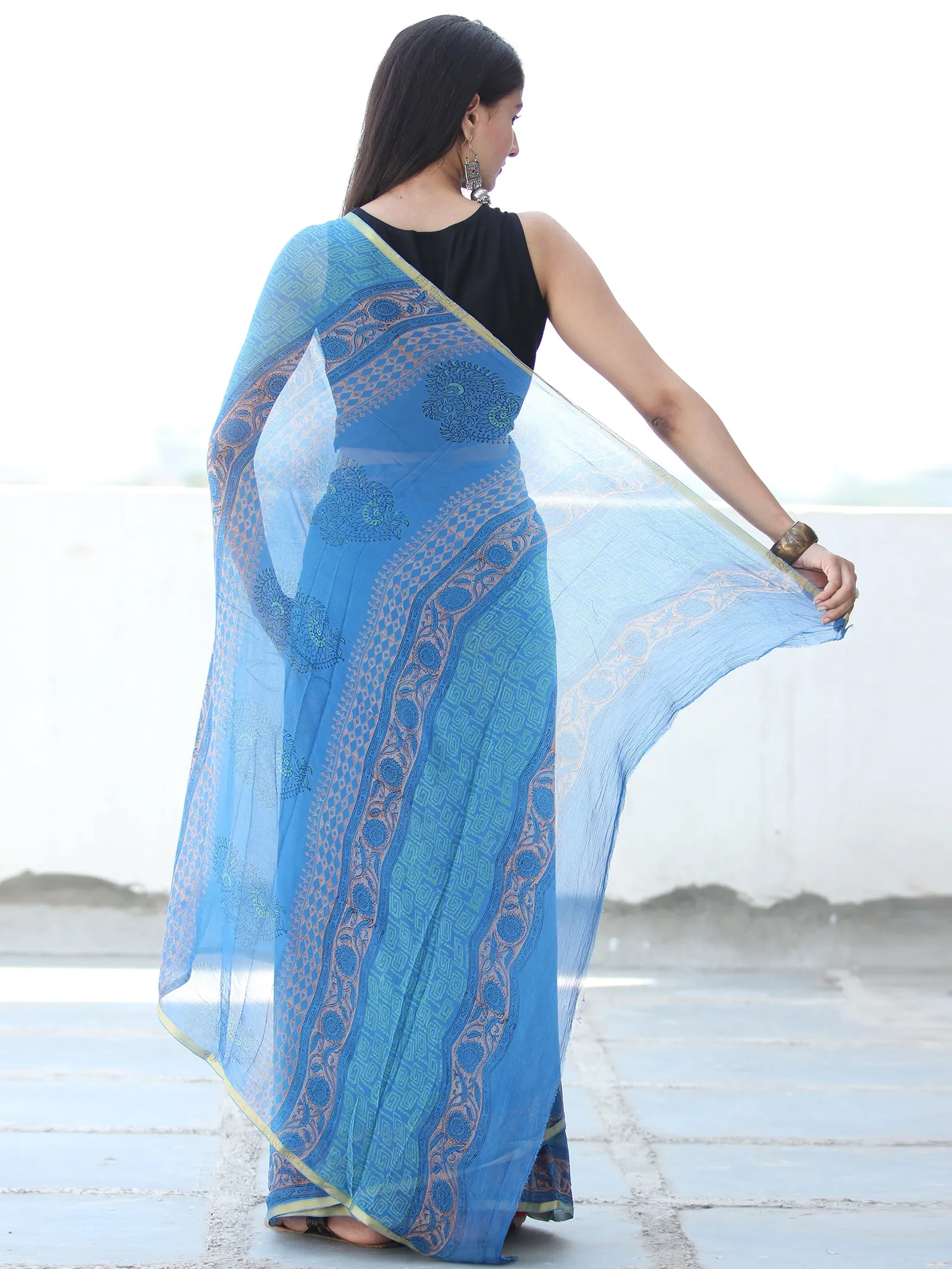 Electric Blue Coral Hand Block Printed Chiffon Saree with Zari Border - S031703920