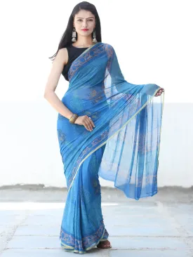 Electric Blue Coral Hand Block Printed Chiffon Saree with Zari Border - S031703920