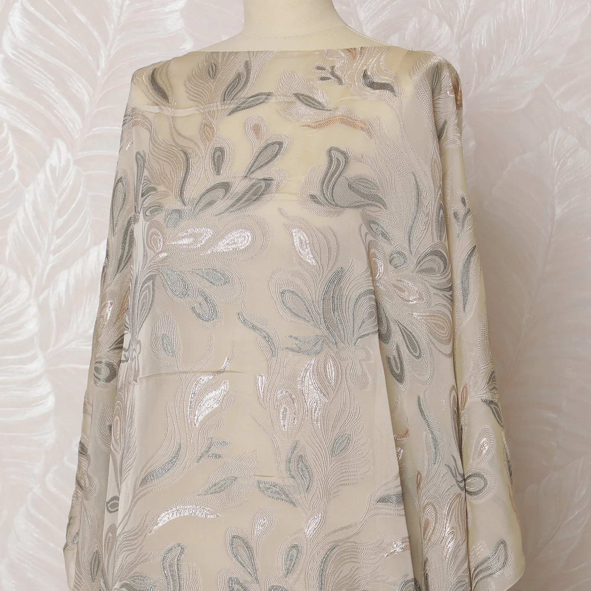 Elegant Beige Floral French Silk Chiffon Fabric with Metallic Lurex, 140 cm Width-D19693