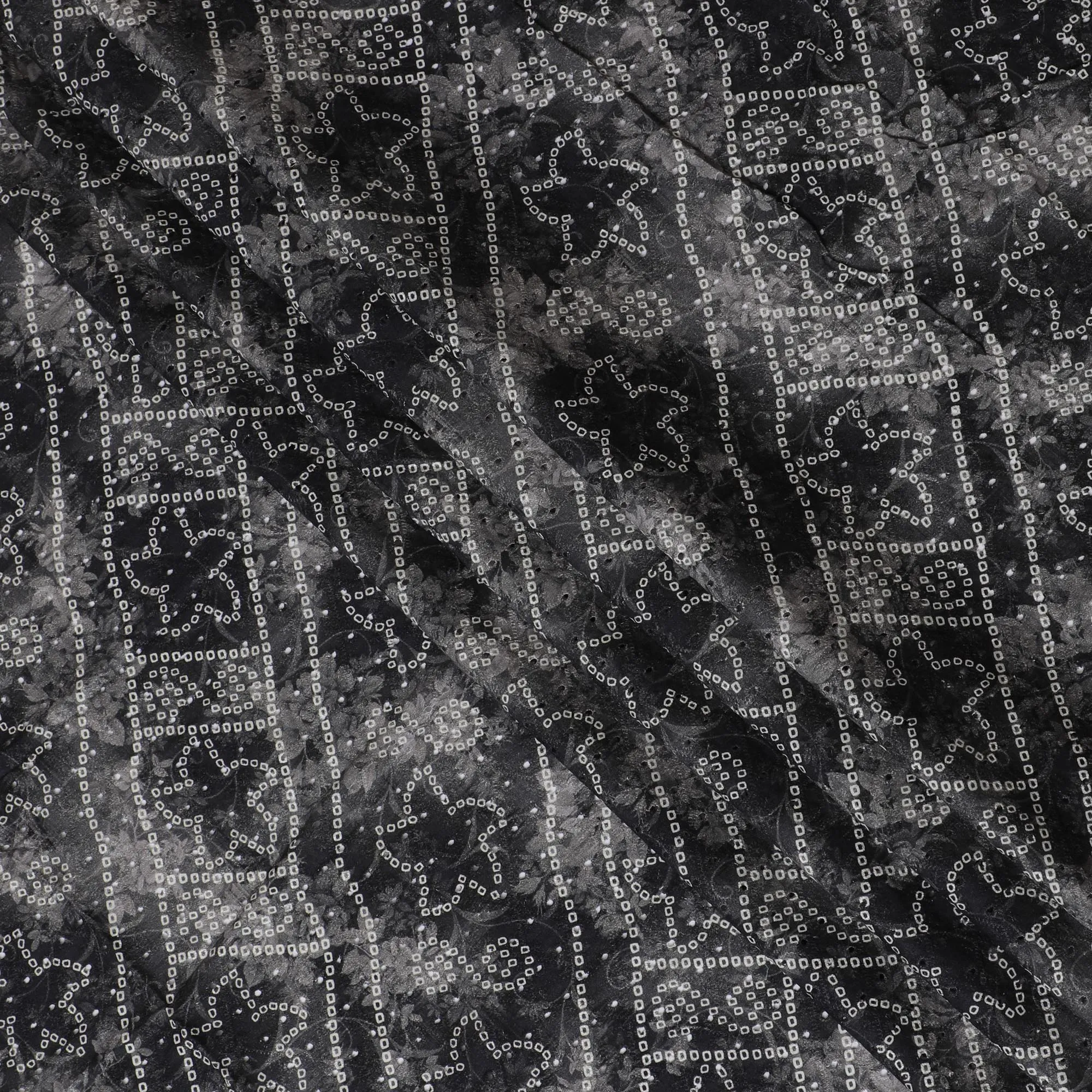 Elegant Black and Grey Patterned blended Cotton Lawn Fabric with Embroidery - 110 cm Wide - D19594