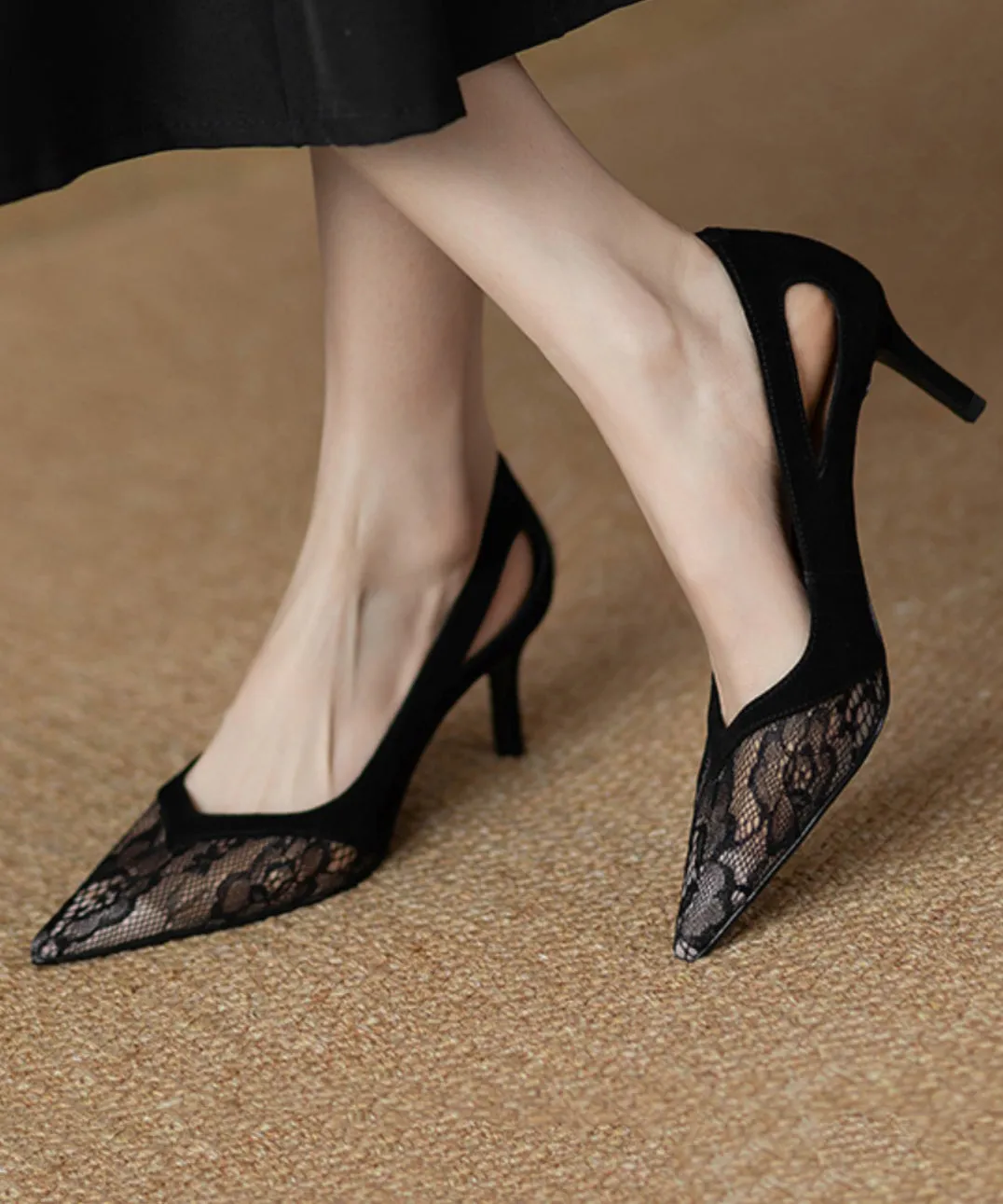 Elegant Black Hollow Out Lace Pointed Toe Stiletto High Heels RT1011