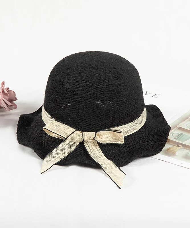 Elegant Black Ruffled Bow Straw Woven Floppy Sun Hat LY505