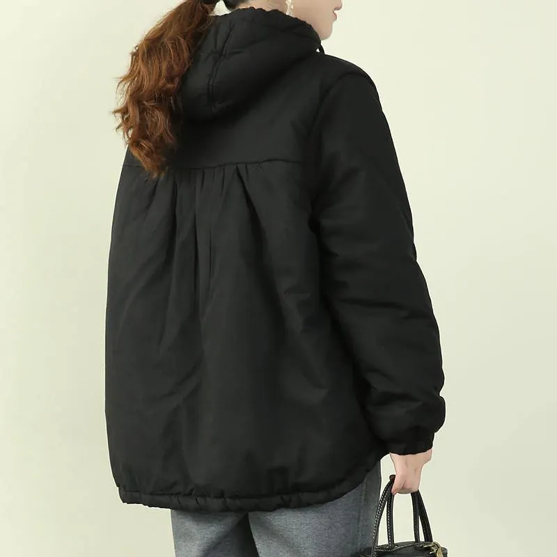 Elegant black women parka plus size snow jackets hooded drawstring coats