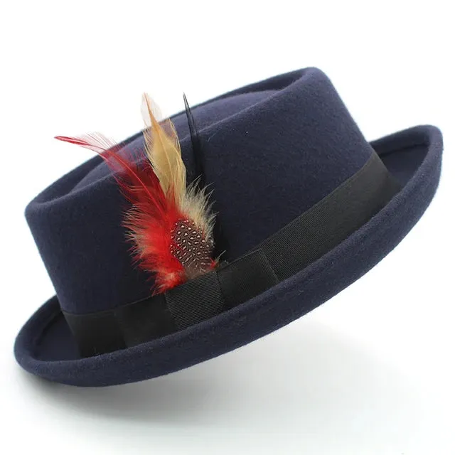 Elegant Feather Band Pork Pie Hat Fedora