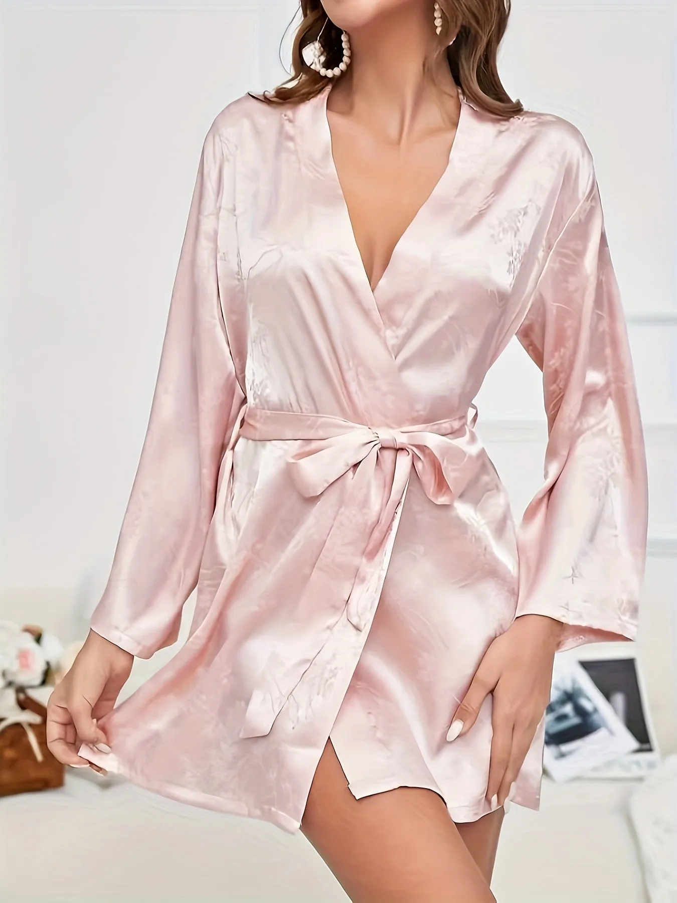 Elegant Floral Jacquard Satin Night Robe, Three Quarter Sleeve V Neck Robe With Belt, Women's Sleepwear & Dresses