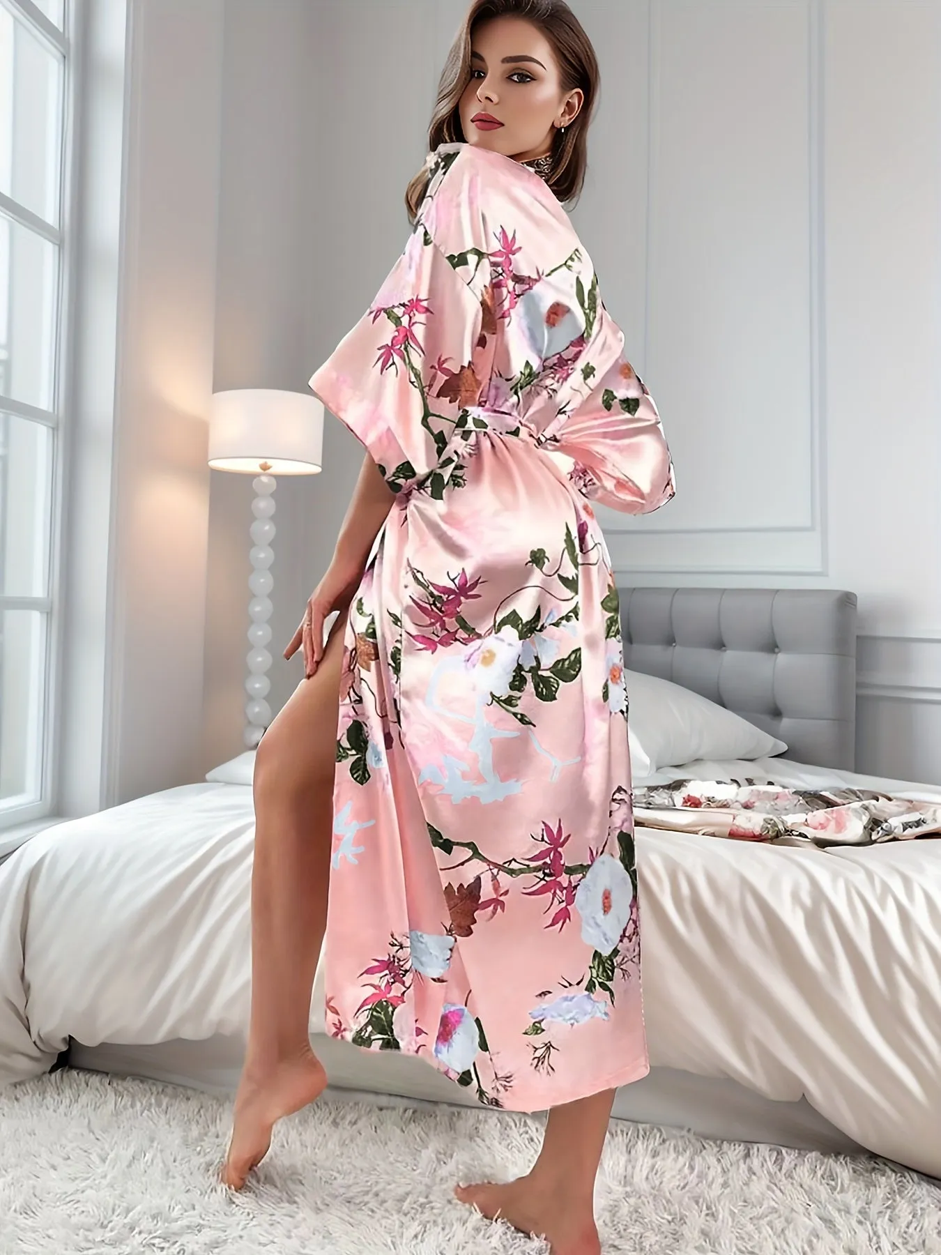 Elegant Floral Print Silky Lounge Robes, Three Quarter Sleeve Longline Home Robe With Belt, Women's Loungewear & Sleepwear