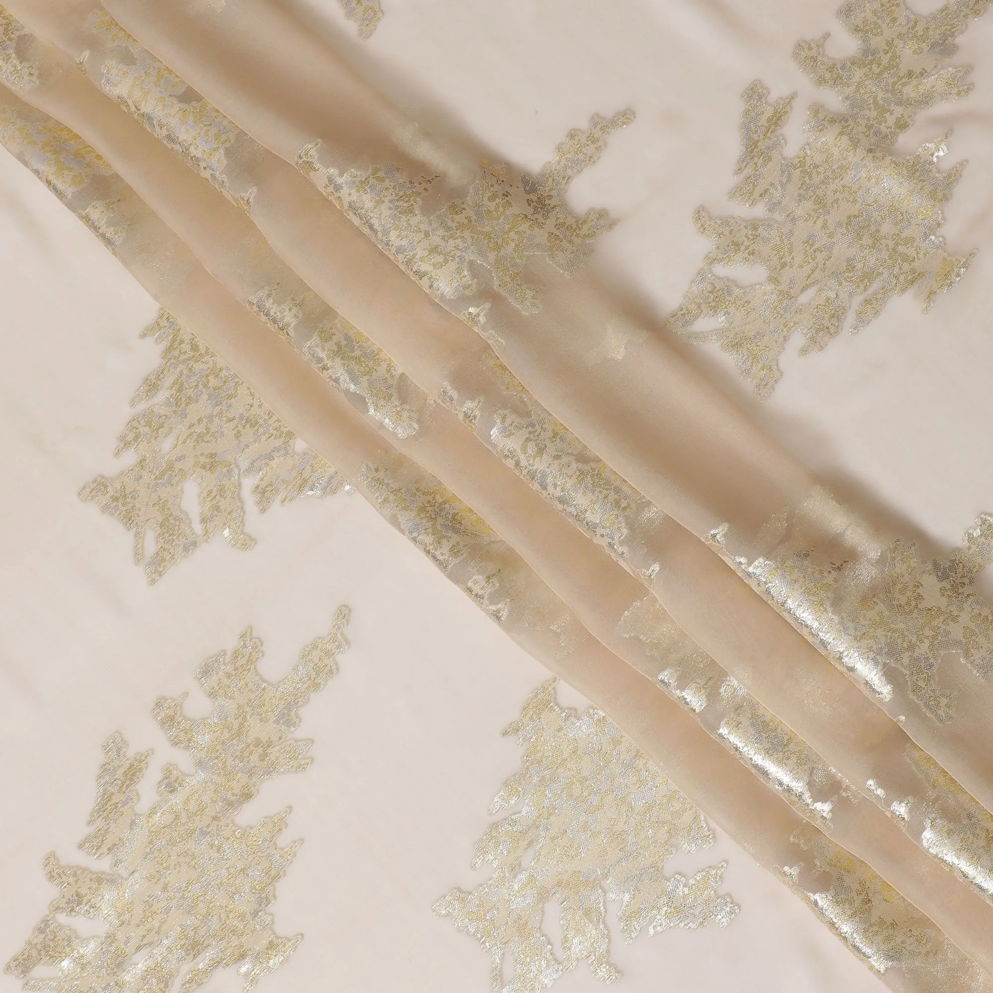 Elegant Gold-Leaf Design Pure Silk Chiffon Fabric - Metallic Accents, 140cm Width, Made in South Korea-D17779