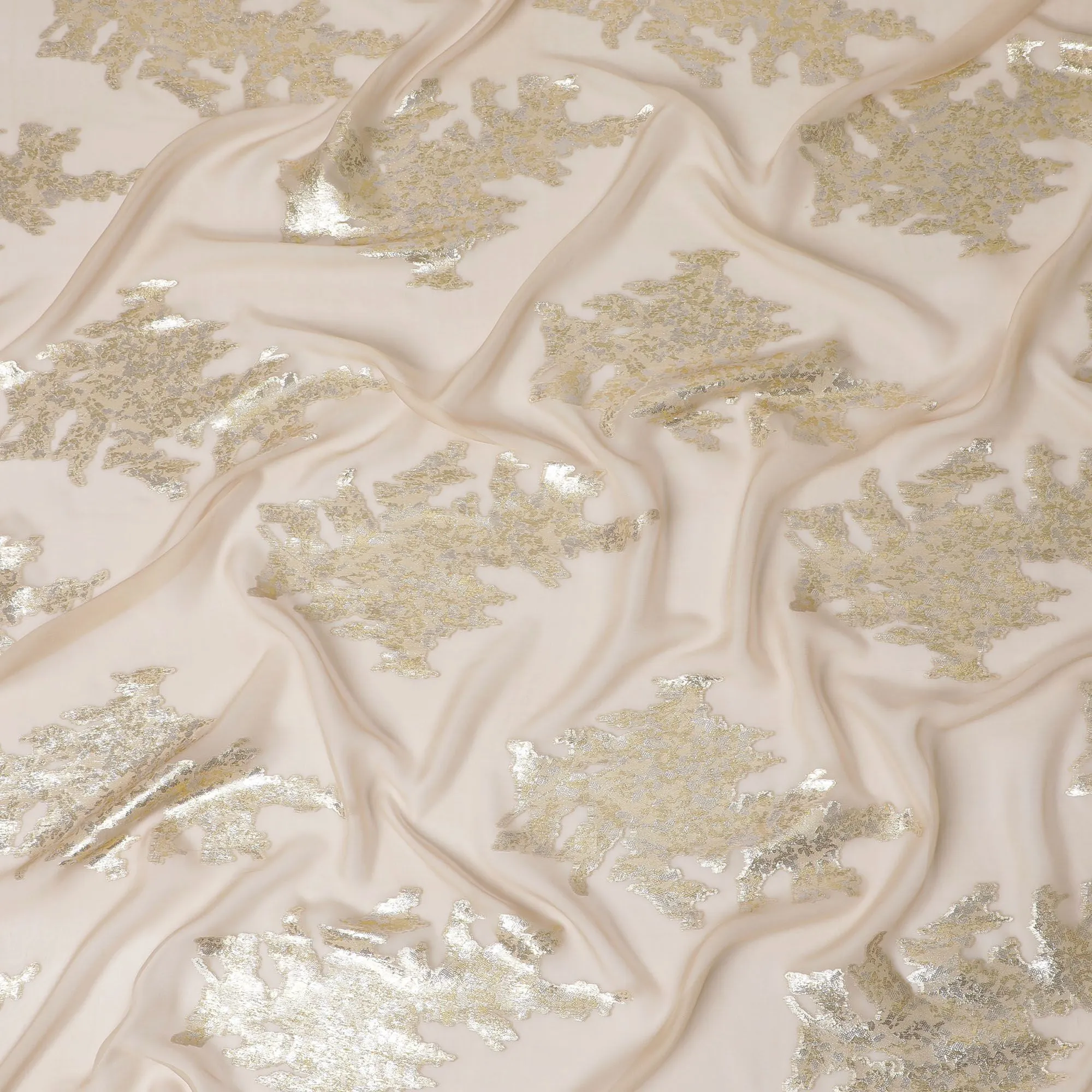 Elegant Gold-Leaf Design Pure Silk Chiffon Fabric - Metallic Accents, 140cm Width, Made in South Korea-D17779