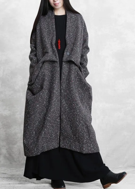 Elegant gray print woolen outwear oversized side open Winter coat