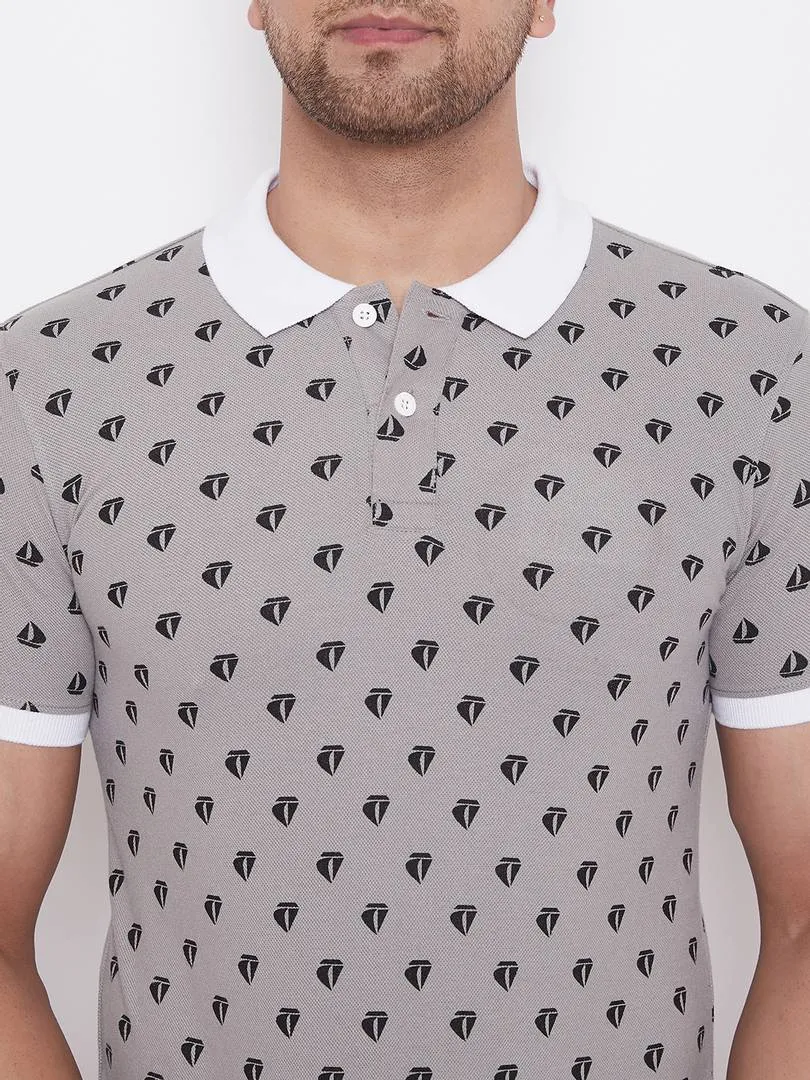 Elegant Grey Cotton Blend Printed Polos For Men