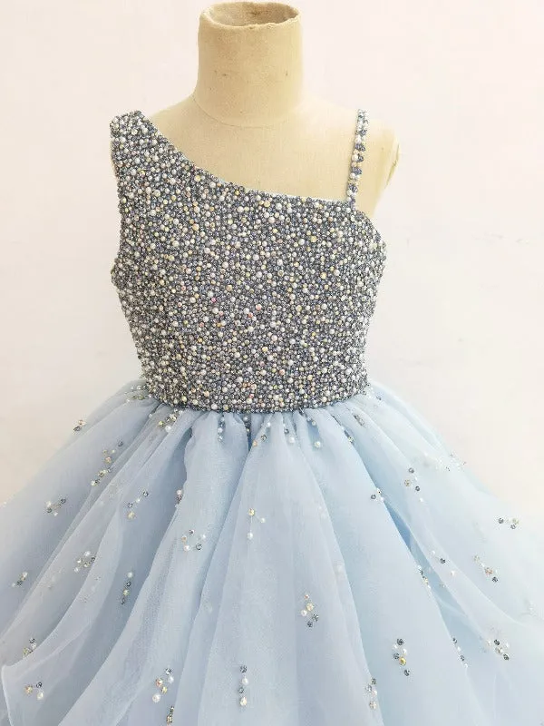 Elegant One Shoulder Sky Blue Little Girls Sparkly Gowns